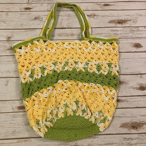 Vintage Handmade Quilt Granny Crotchet Large Crossbody Shopping Bag - Picture 13 of 13